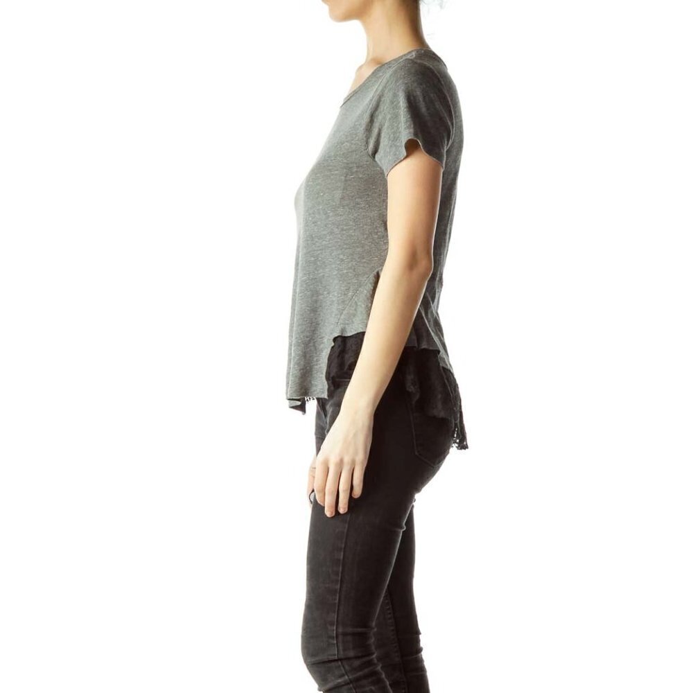 Free People Gray Black Lace Short Sleeve T-Shirt - Picture 2 of 3